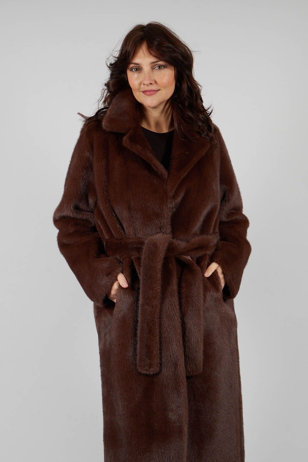 Longline Faux Fur Coat in Chocolate