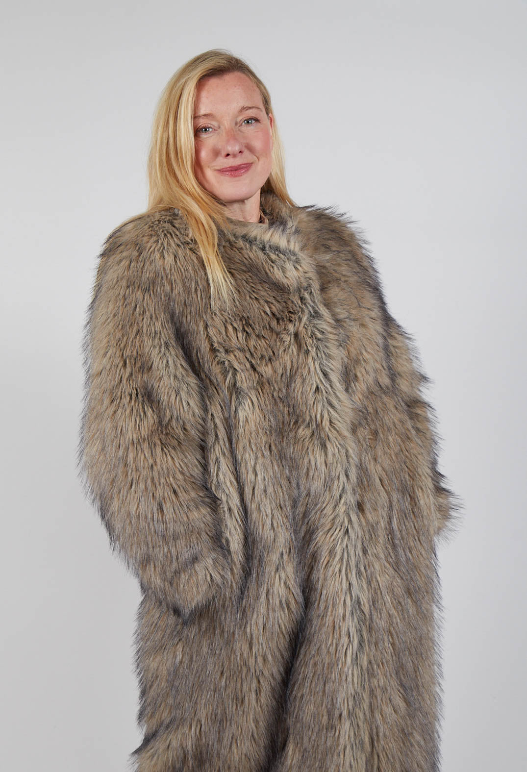 Longline Fur Coat in Cream Sfumato