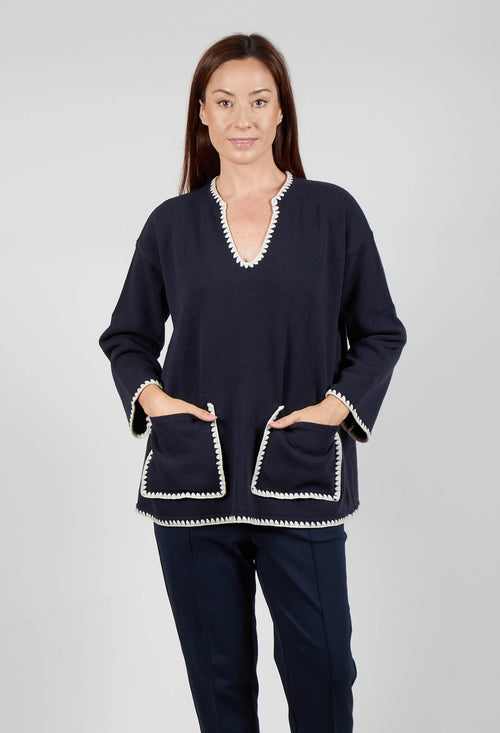 Longline Jumper with Contrasting Detail in Dark Navy and White