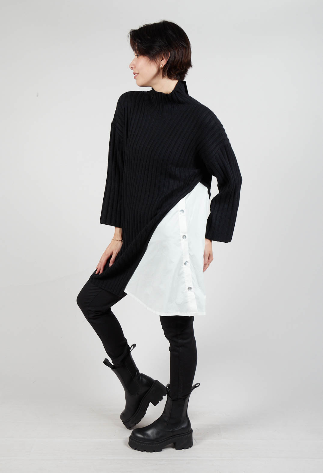 Longline Jumper with Shirt Detail in Black