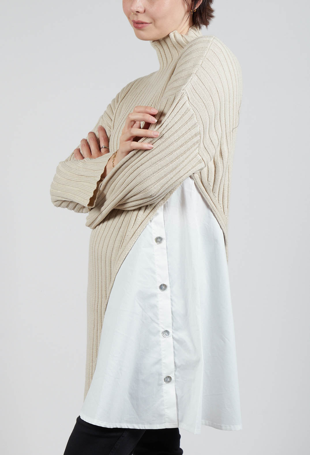 Longline Jumper with Shirt Detail in Cream