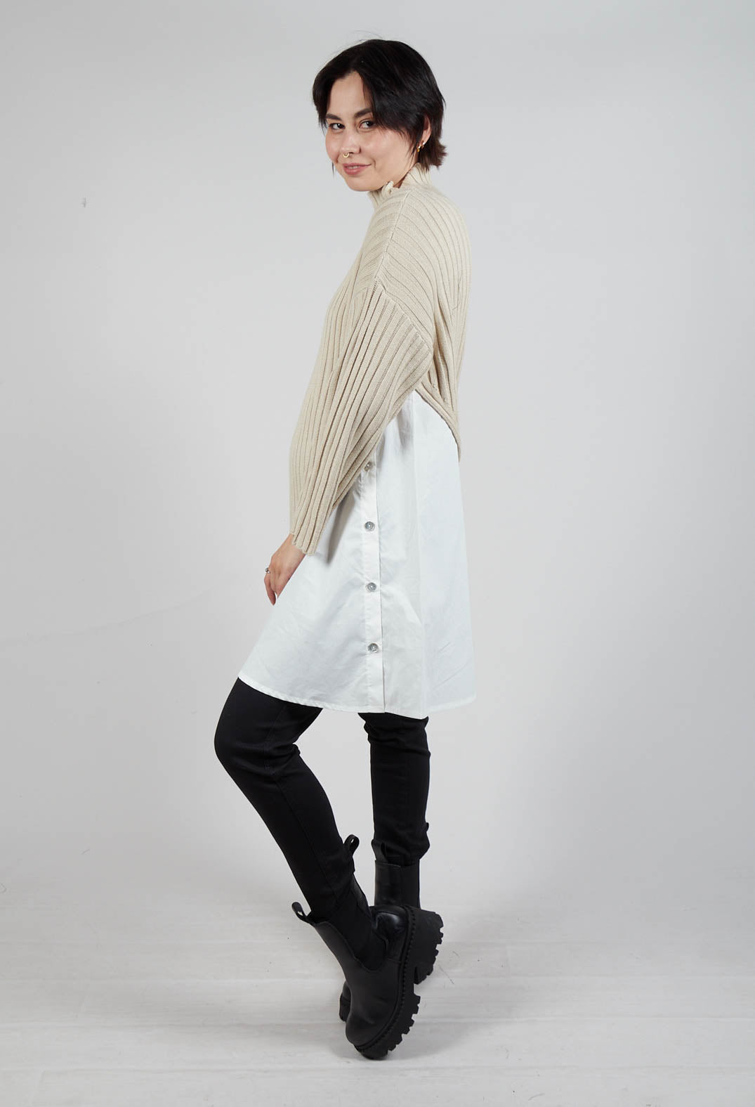 Longline Jumper with Shirt Detail in Cream