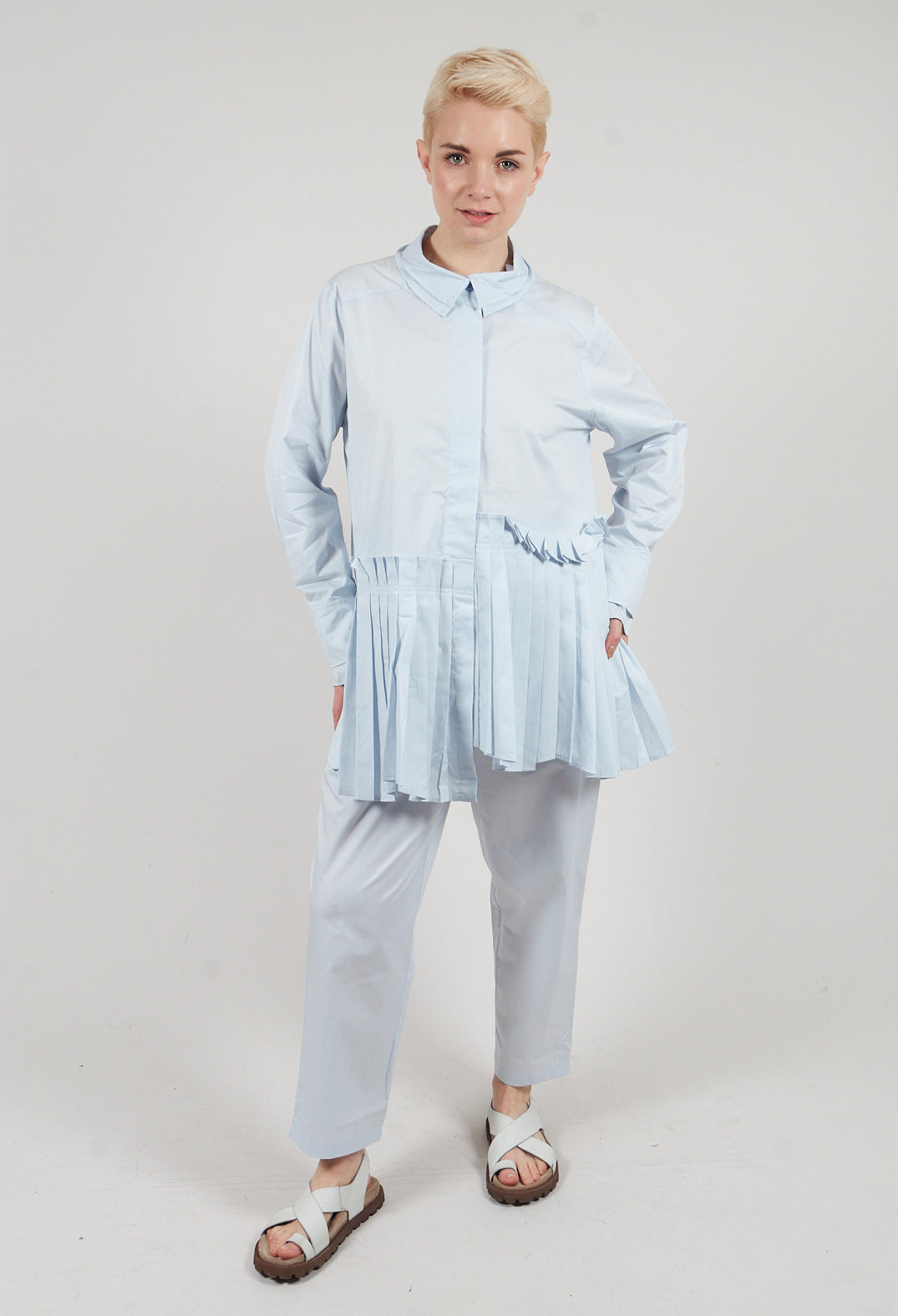 Longline Pleated Shirt in Ice Blue