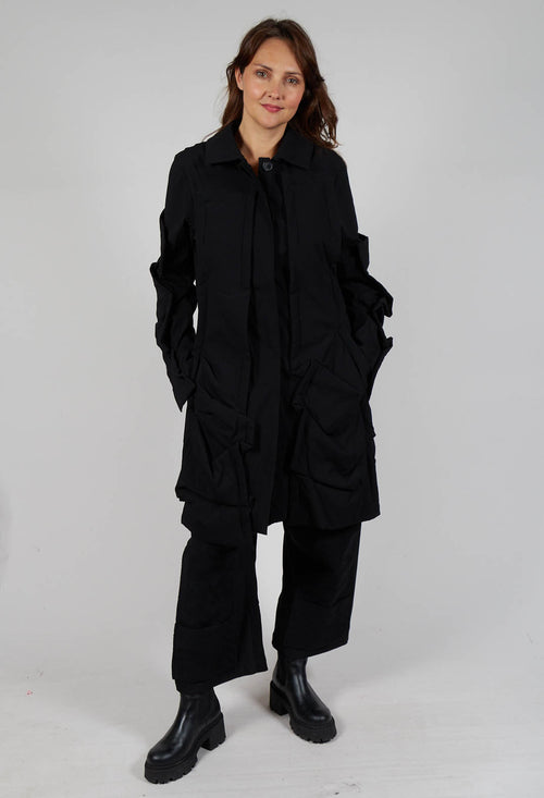 Longline Ruched Coat in Black