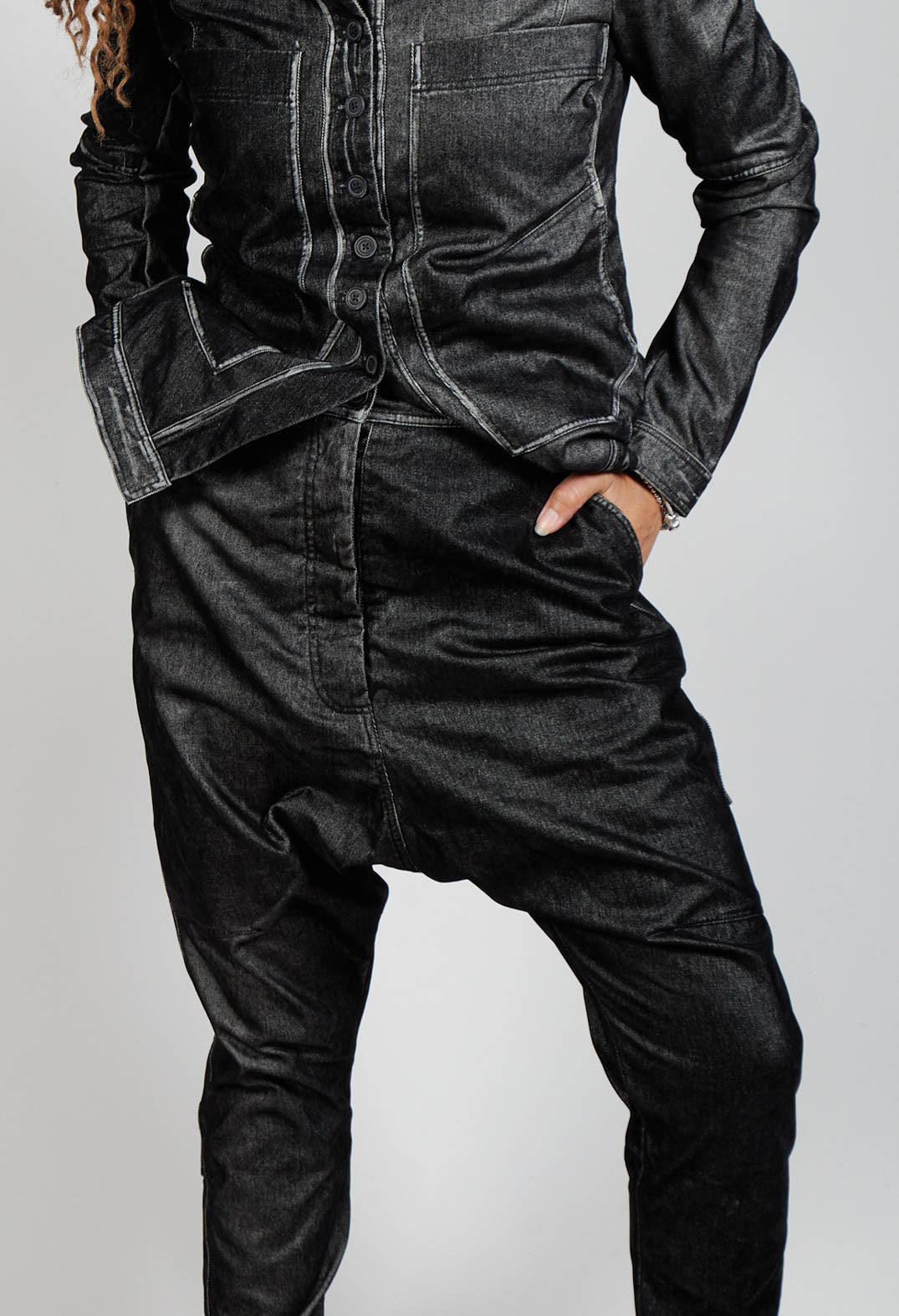 Low Rise Drop Crotch Trousers in Black Flock