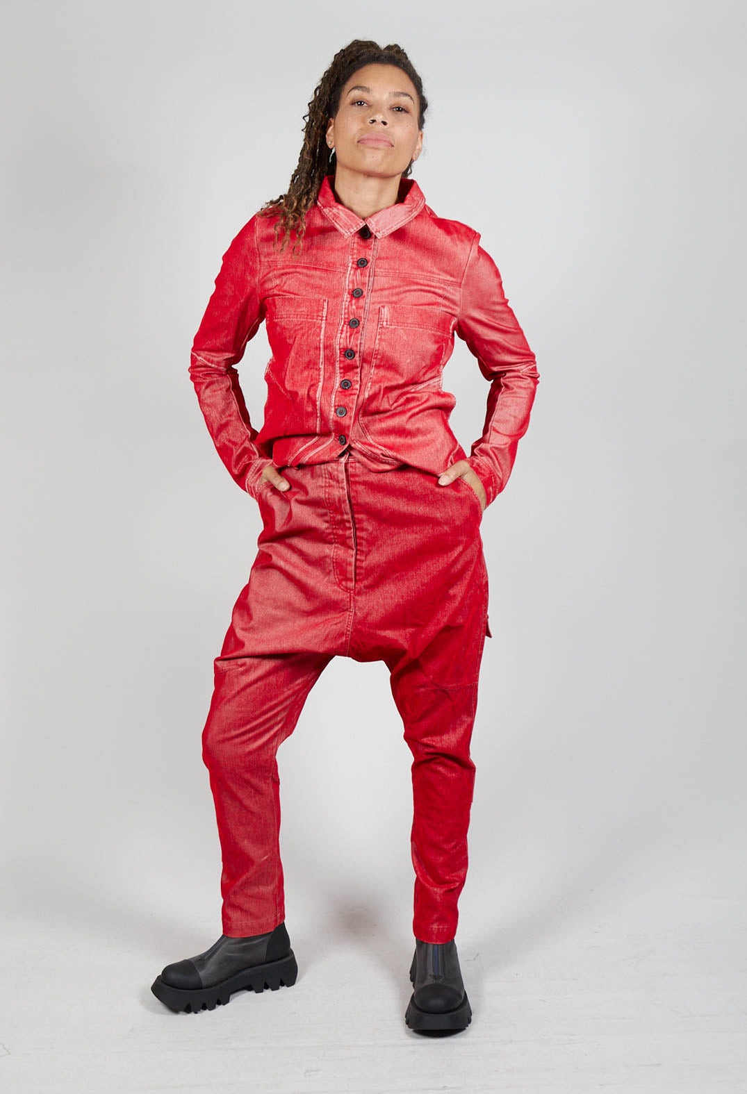 Low Rise Drop Crotch Trousers in Cardinal Flock