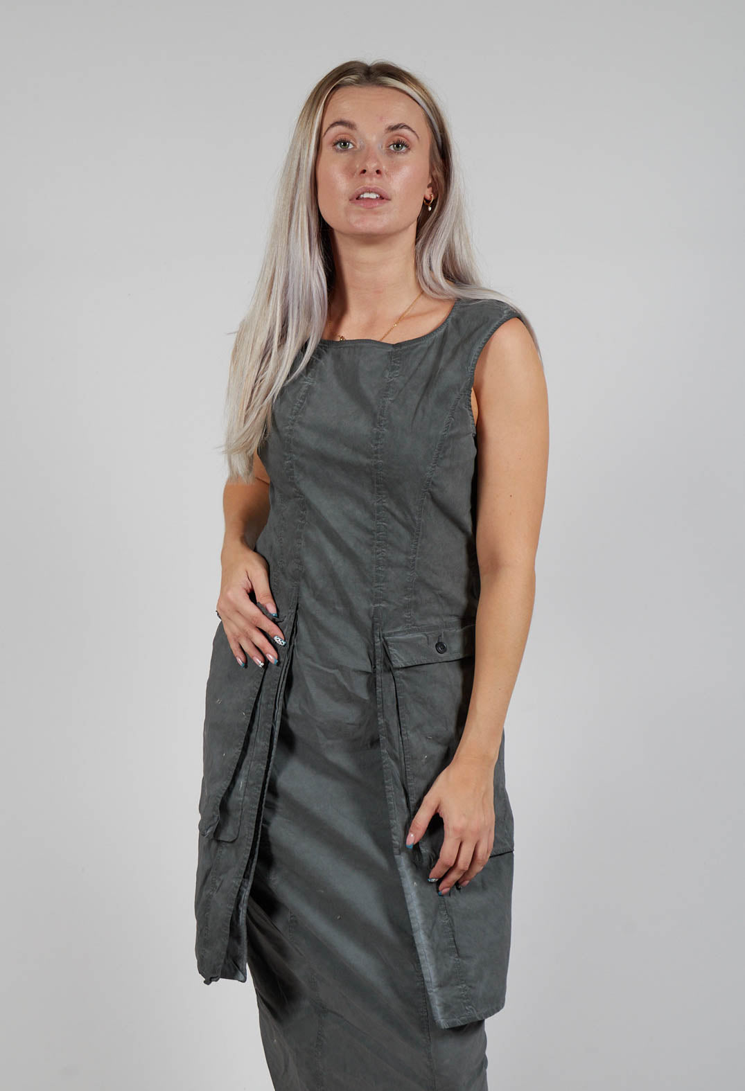 Maxi Length Dress with Statement Pockets in Pencil Cloud