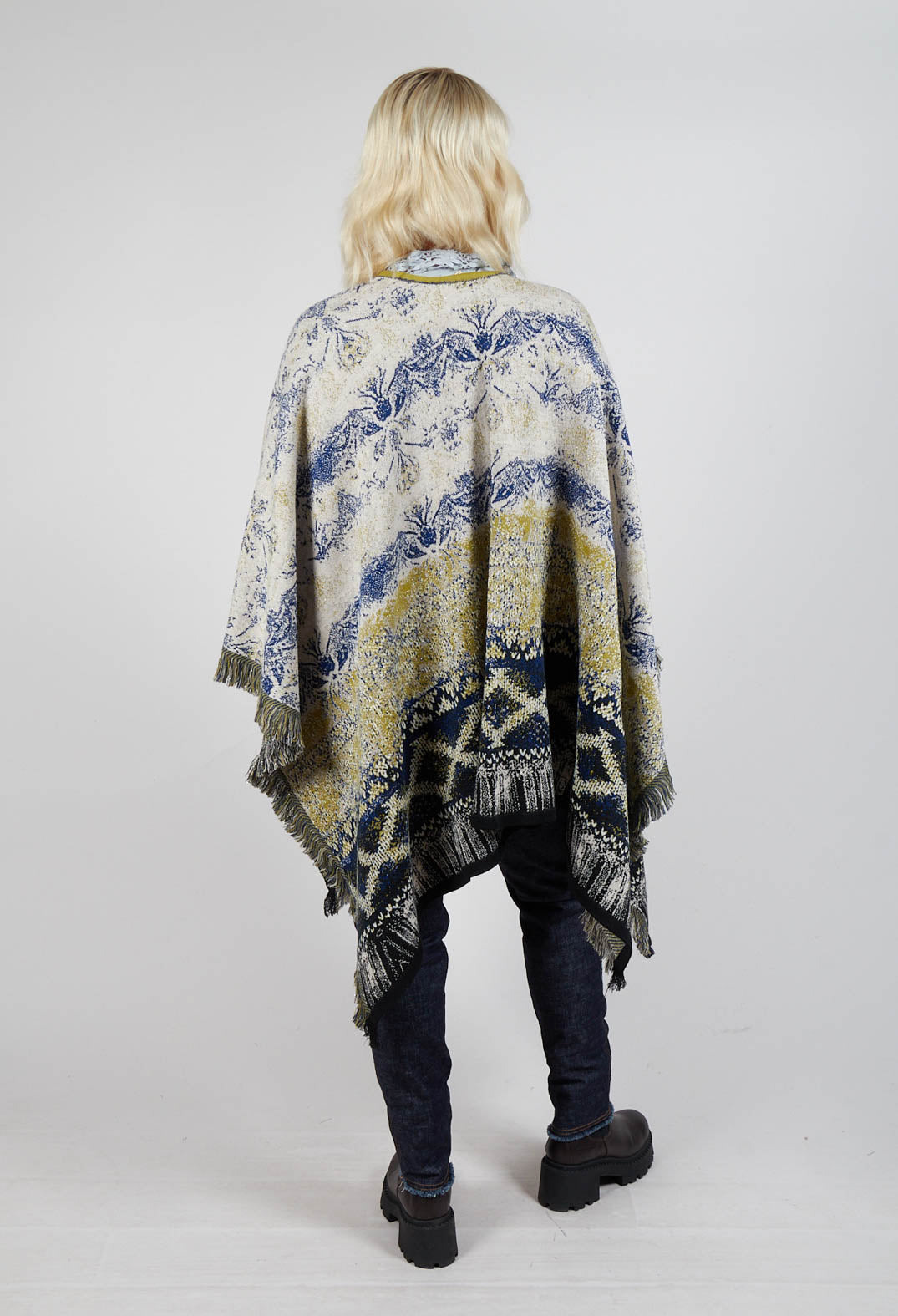 Open Front Cape in Beige and Navy Pattern