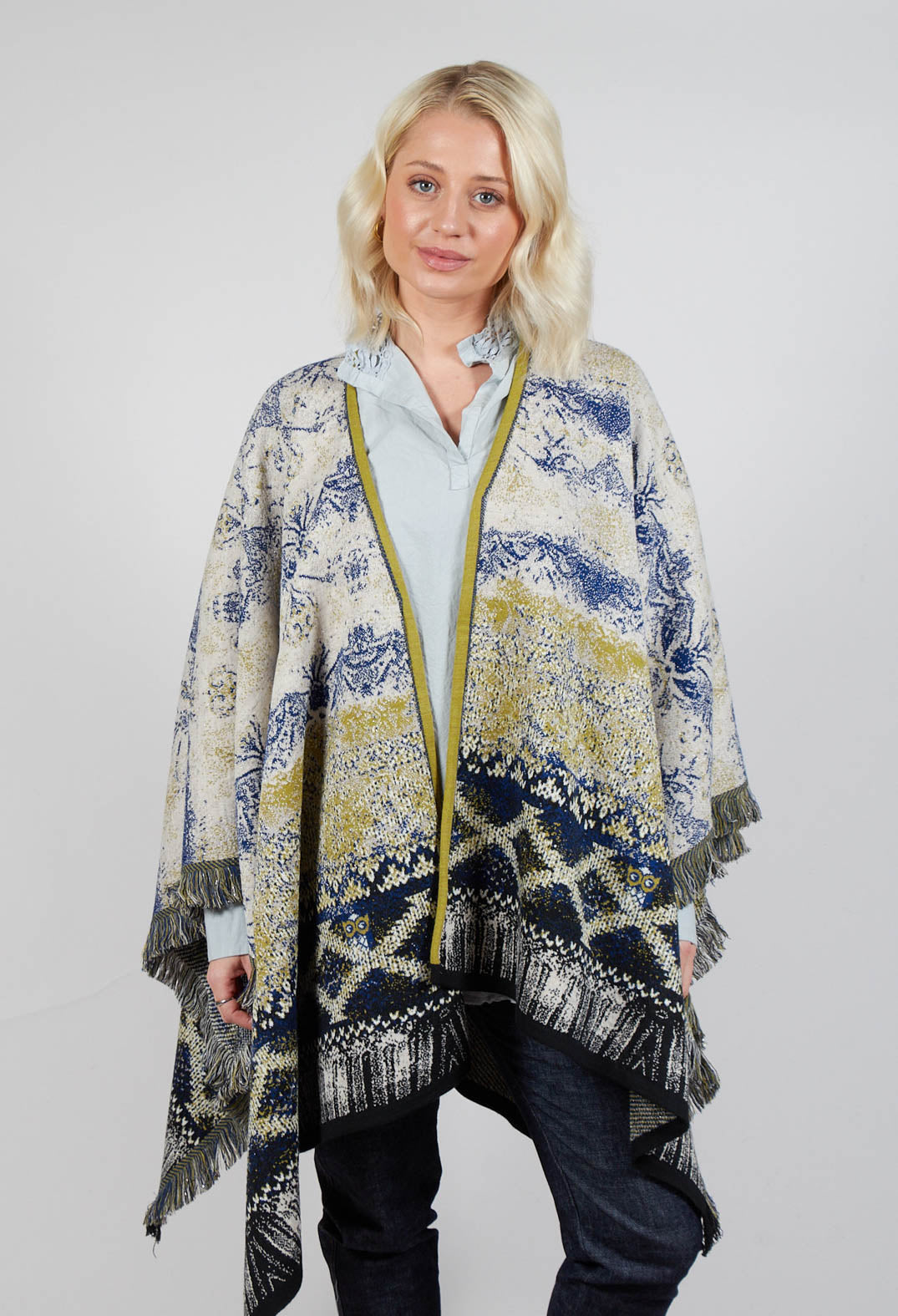 Open Front Cape in Beige and Navy Pattern