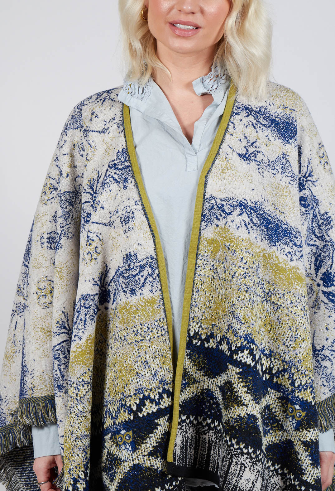 Open Front Cape in Beige and Navy Pattern