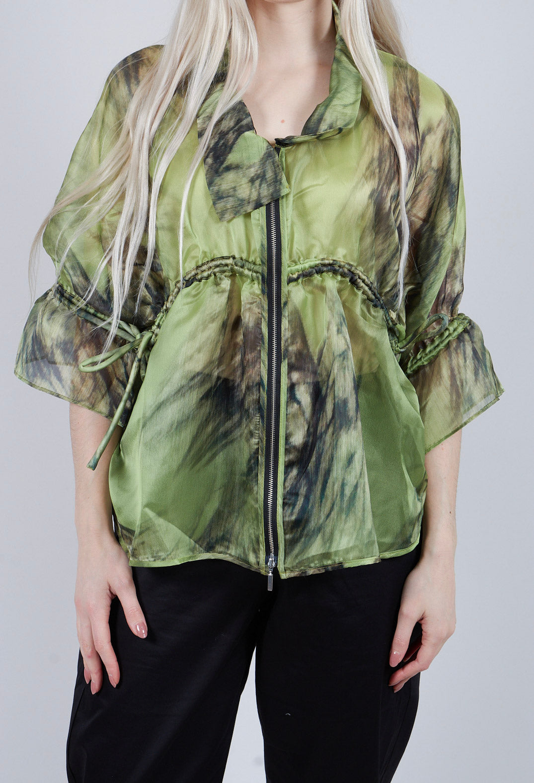 Open Neck Top in Green Print