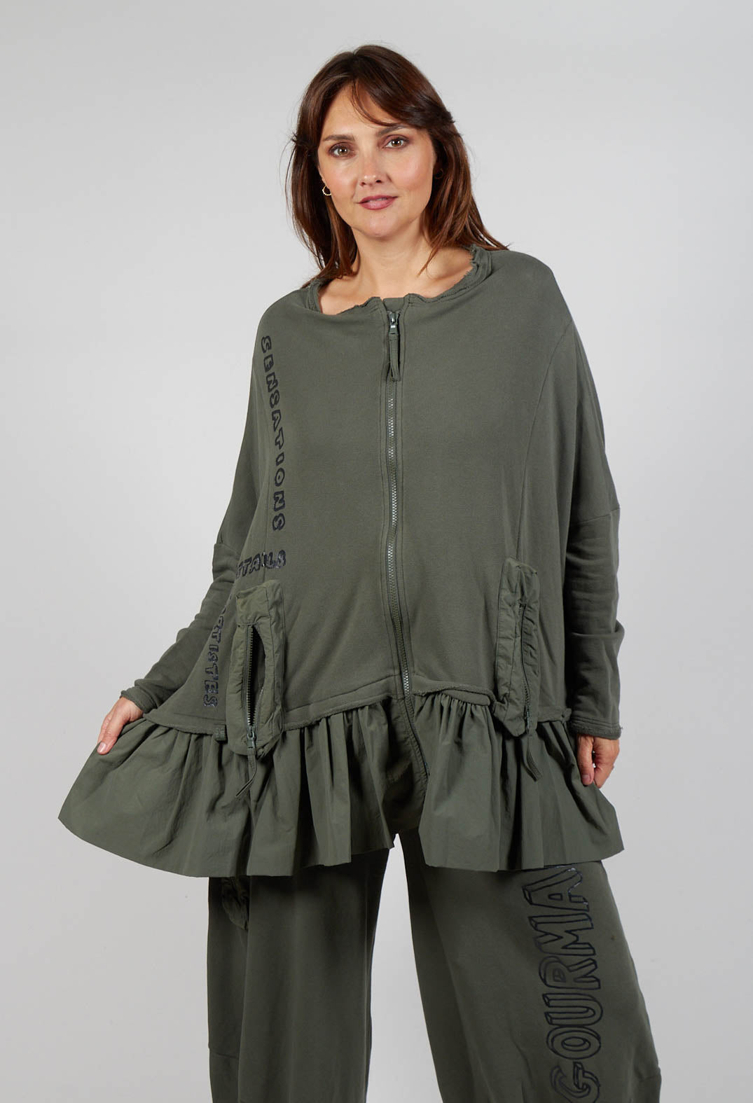 Oversized Jersey Jacket with Peplum Hem in Camp Print