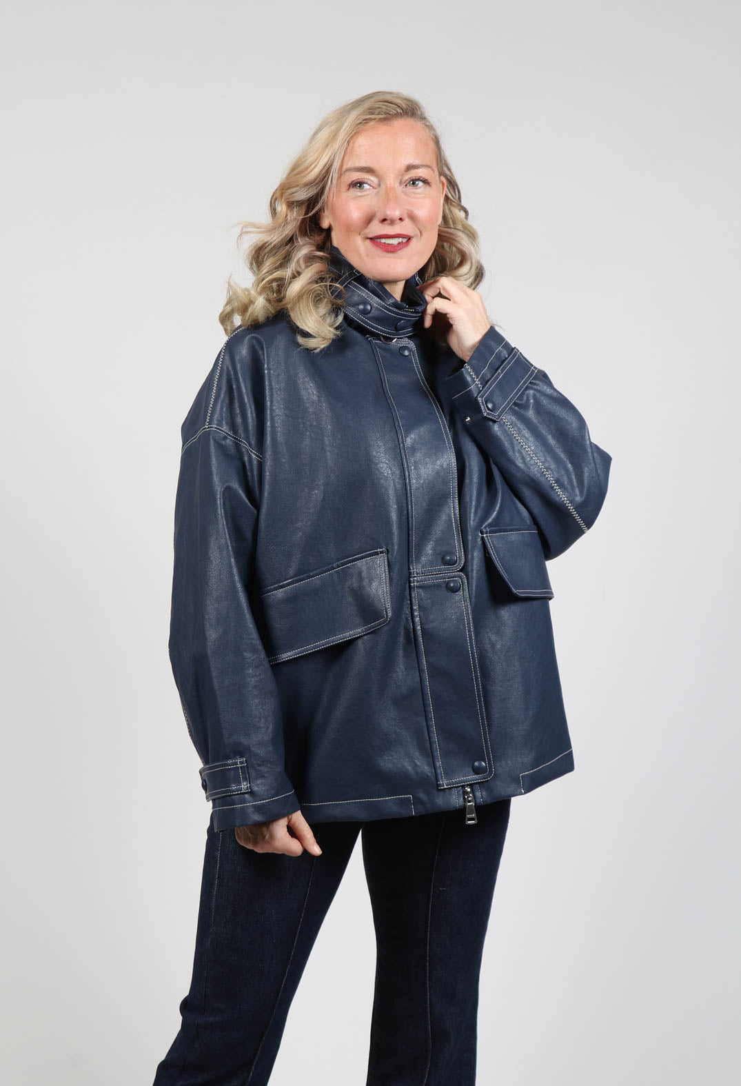 Parka Faux Leather Jacket in Blue Notte