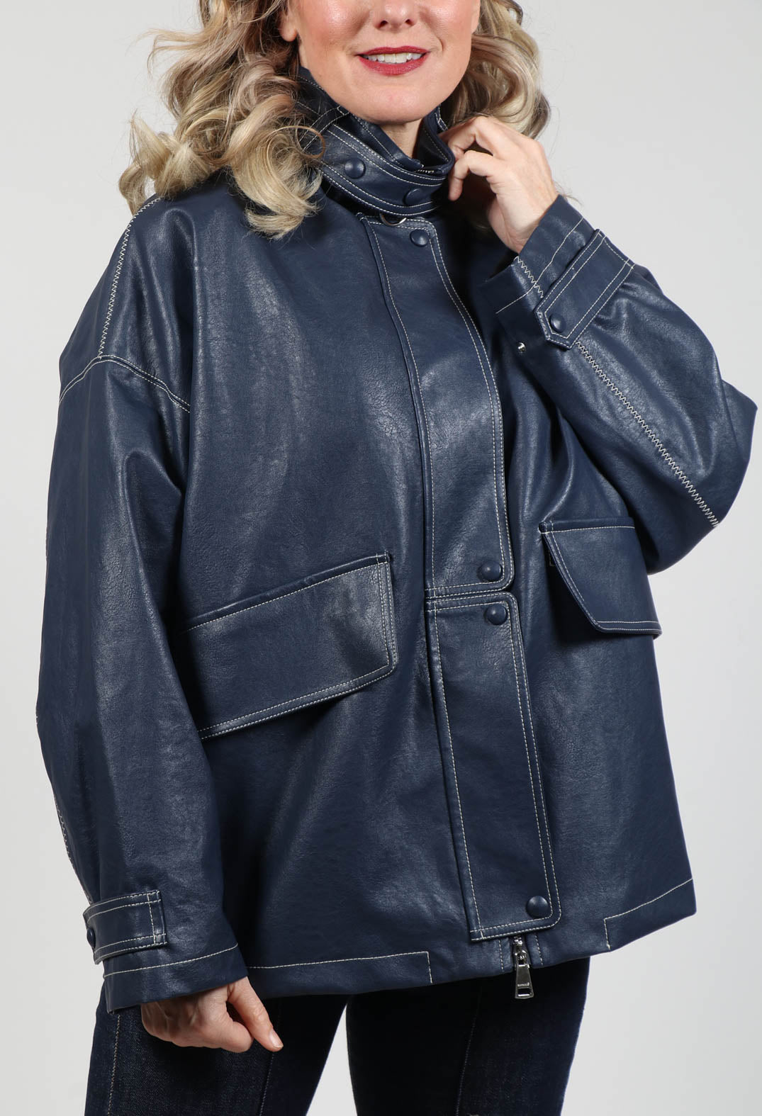 Parka Faux Leather Jacket in Blue Notte