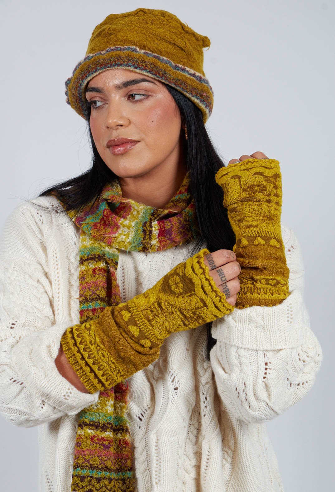 Patterned Wool Armwarmers in Mustard