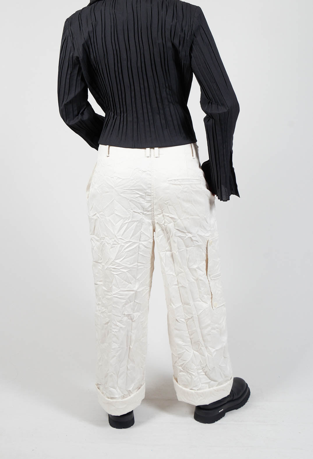 behind shot of ladies wide leg trousers in off white