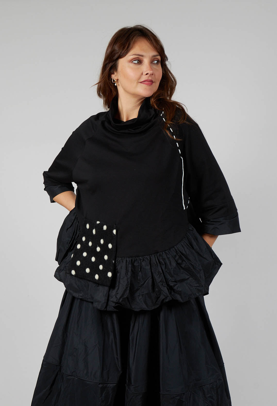 Peplum Polka Dot Pocket Top in Black