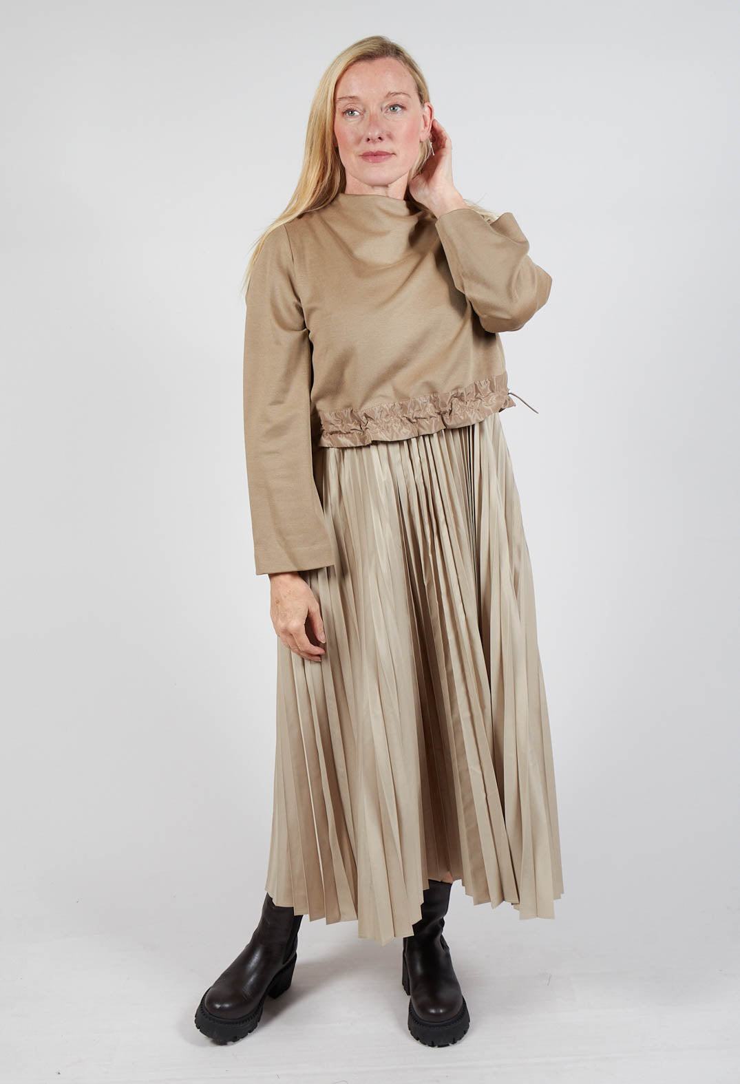 Pleated Dress with Overlay Top in Camel