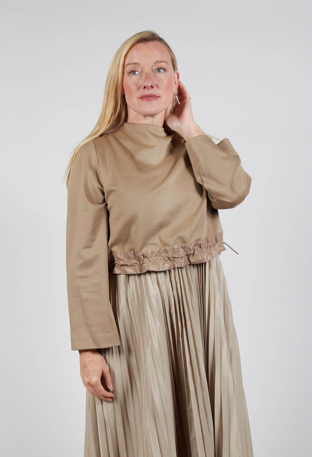 Pleated Dress with Overlay Top in Camel