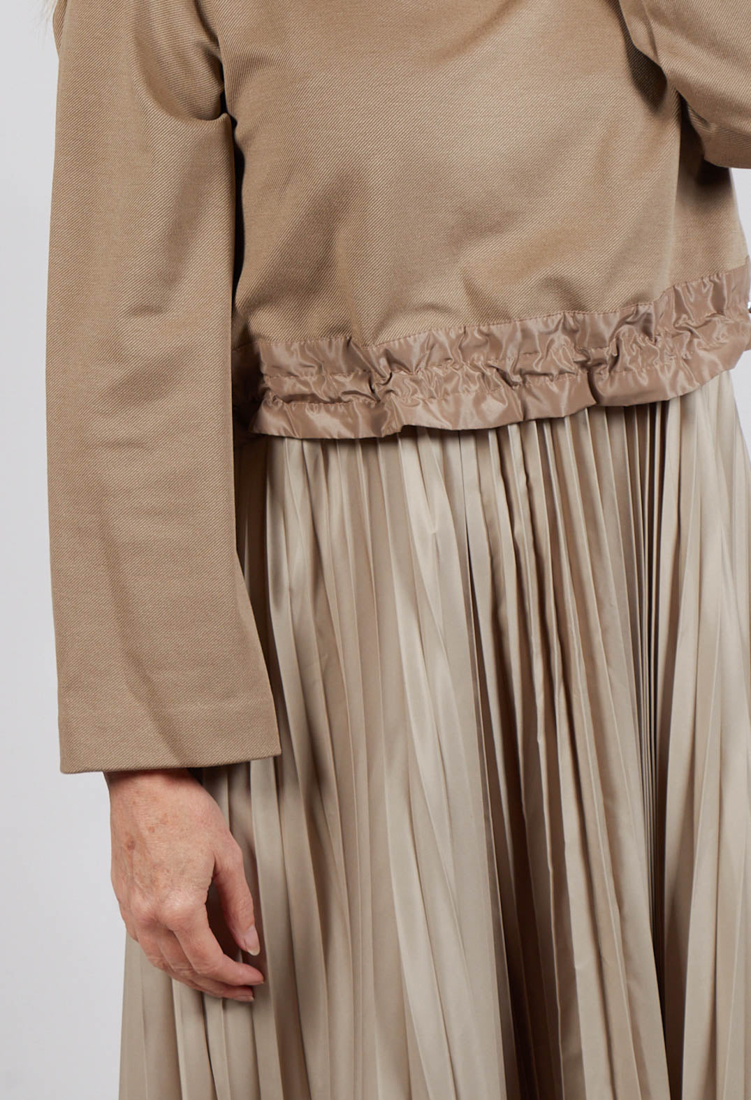 Pleated Dress with Overlay Top in Camel