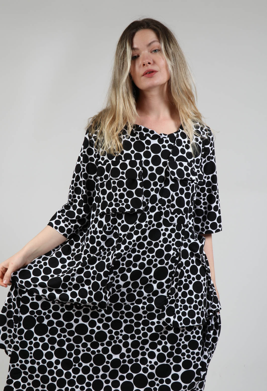 Pocket Dress in White with Black Pois