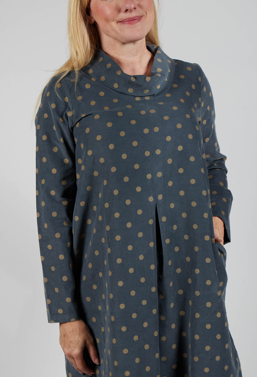 Polkadot Needlecord Cowl Neck Dress in Anthracite