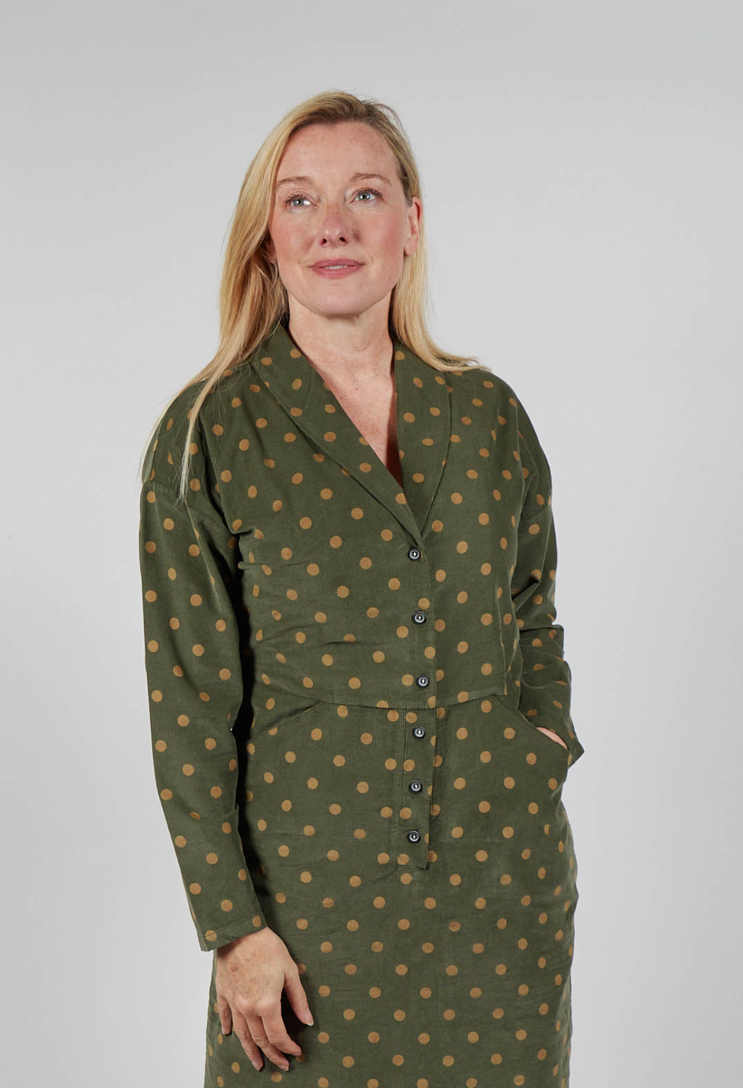 Polkadot Needlecord Open Collar Shirt Dress in Moss