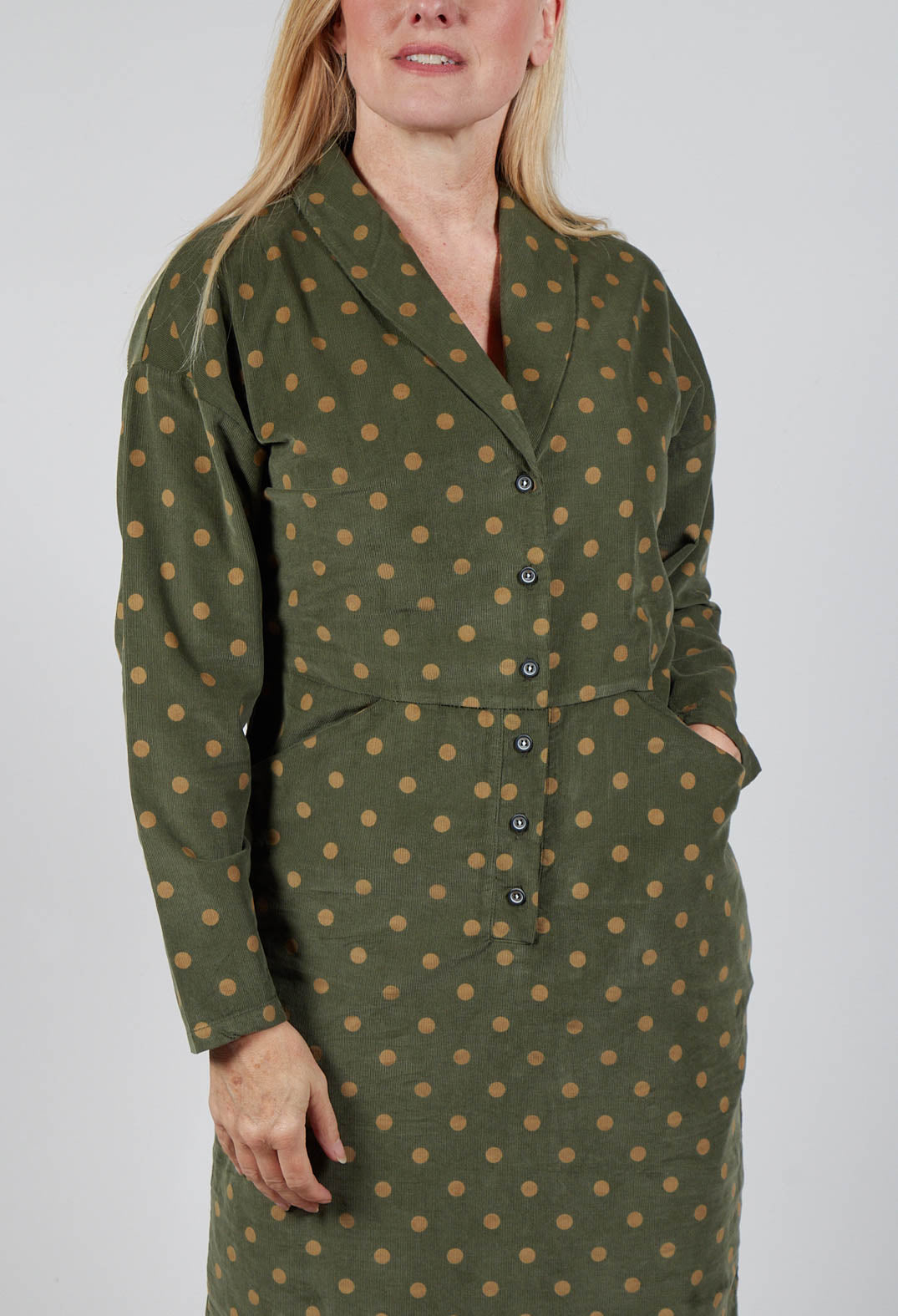 Polkadot Needlecord Open Collar Shirt Dress in Moss