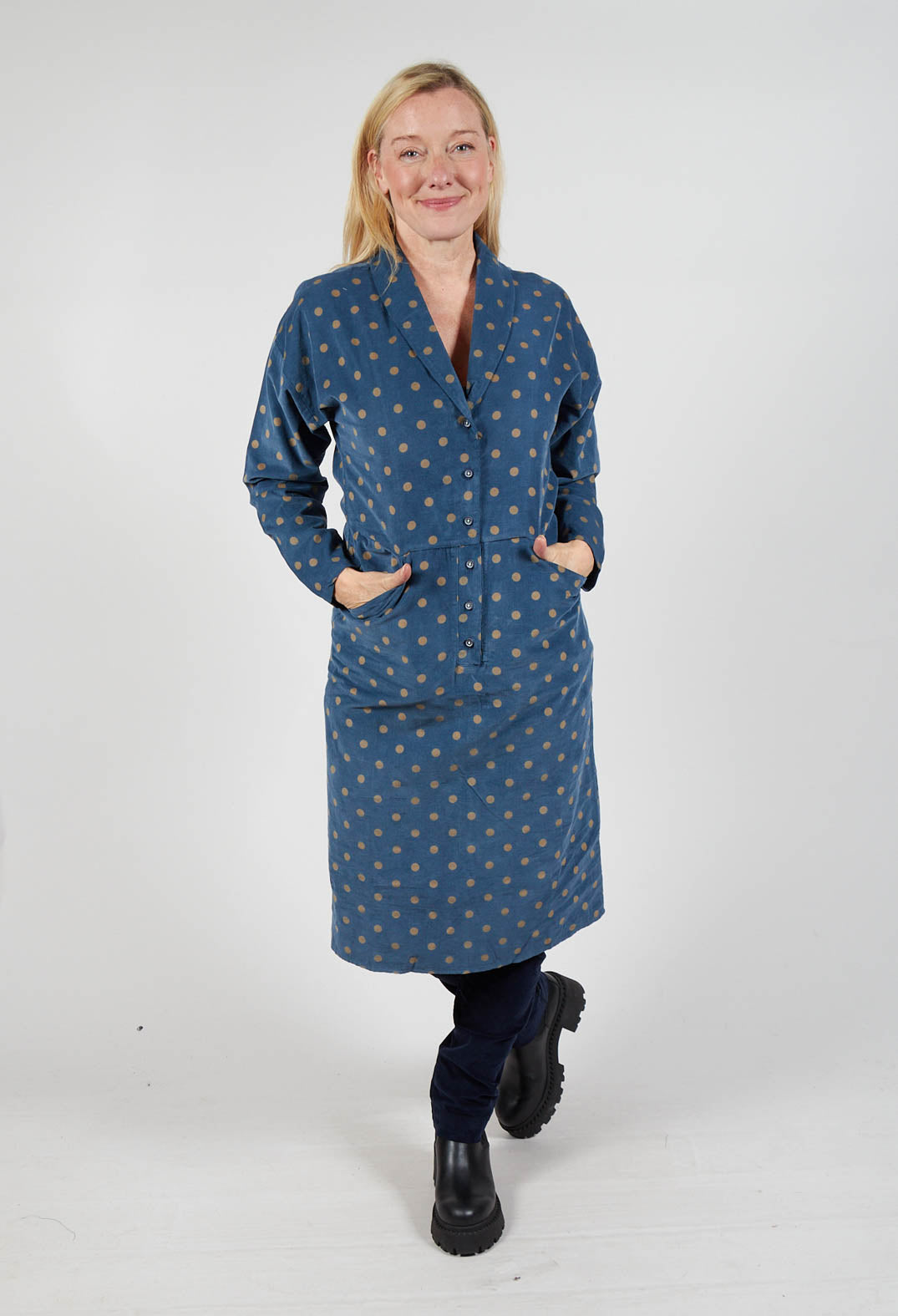 Polkadot Needlecord Open Collar Shirt Dress in Navy