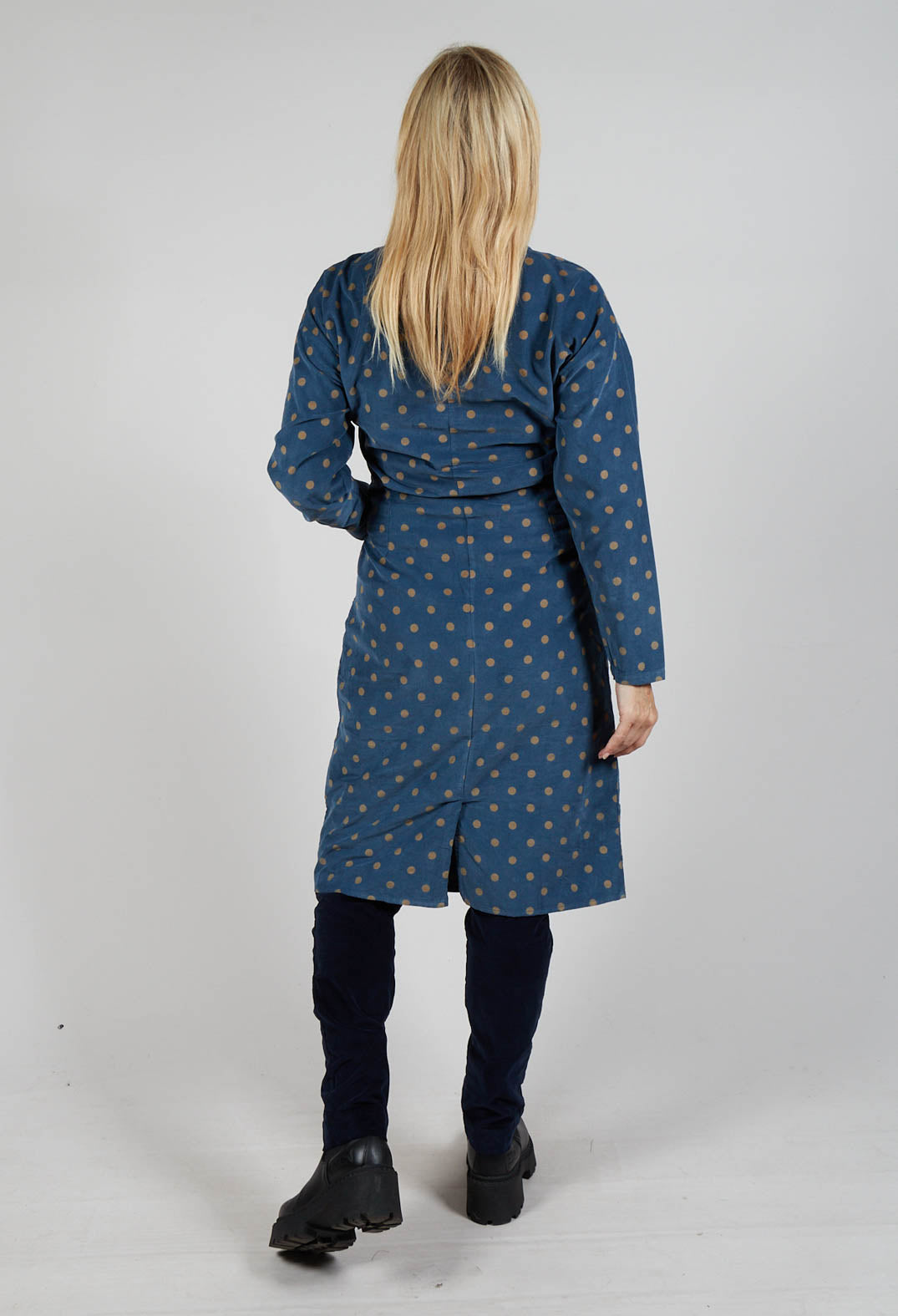 Polkadot Needlecord Open Collar Shirt Dress in Navy