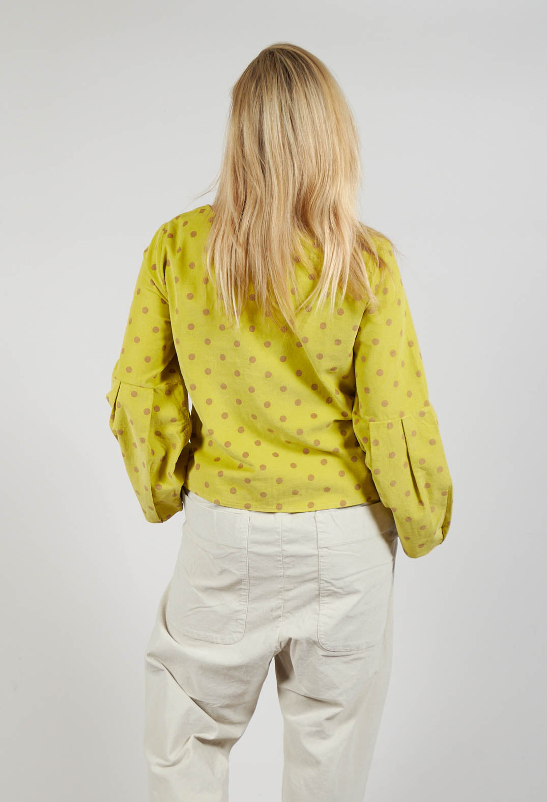 Polkadot Needlecord Puffed Sleeve Top in Acid Green