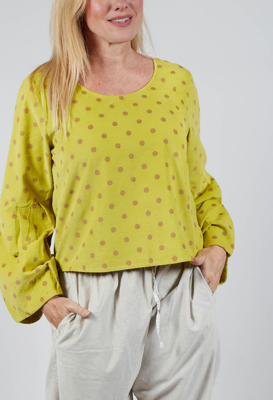 Polkadot Needlecord Puffed Sleeve Top in Acid Green