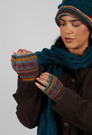 Print Wool Gloves in Turquoise