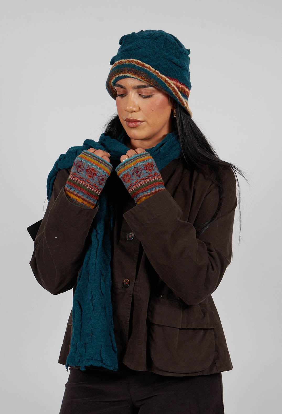 Print Wool Gloves in Turquoise