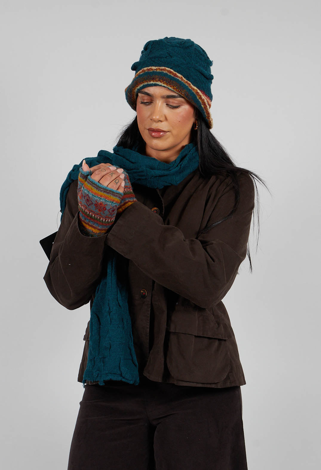 Print Wool Gloves in Turquoise