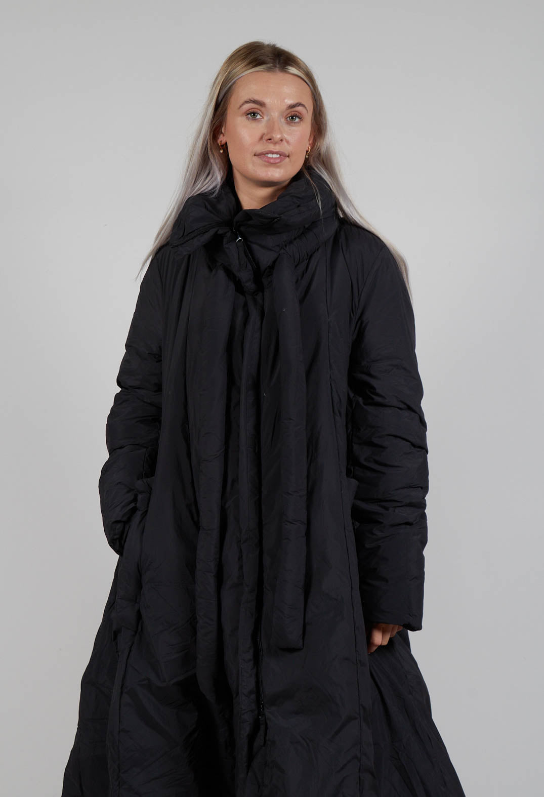 Puffer Coat with Flared Hemline in Black