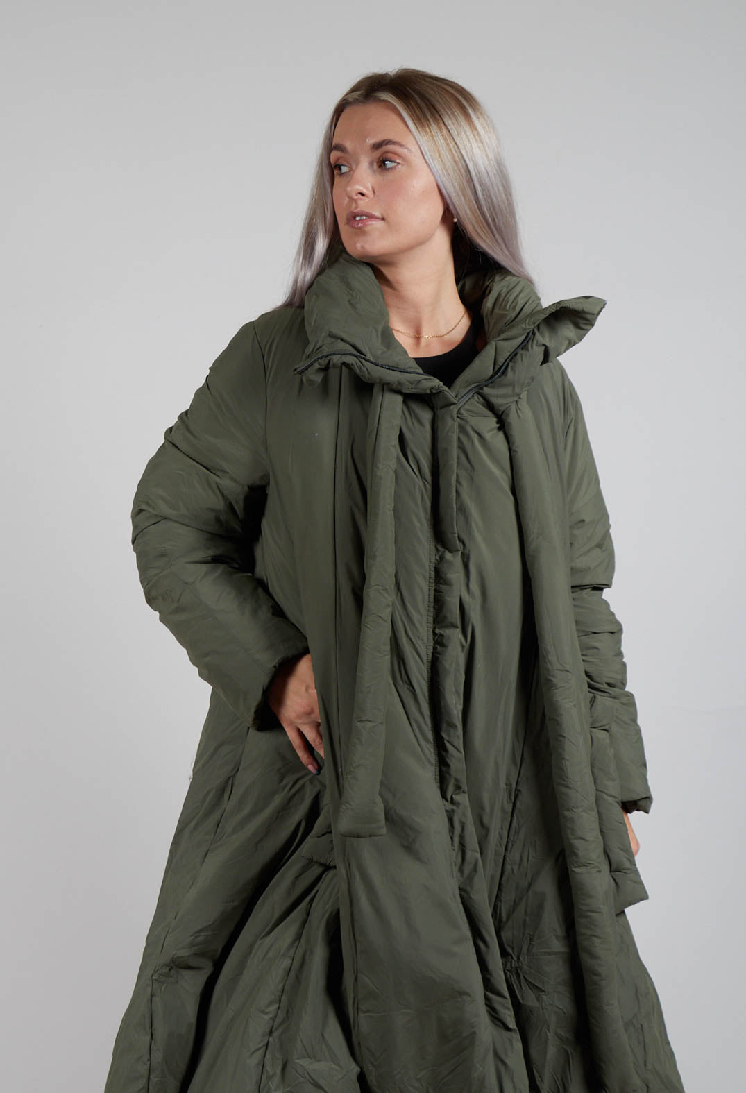 Puffer Coat with Flared Hemline in Camp