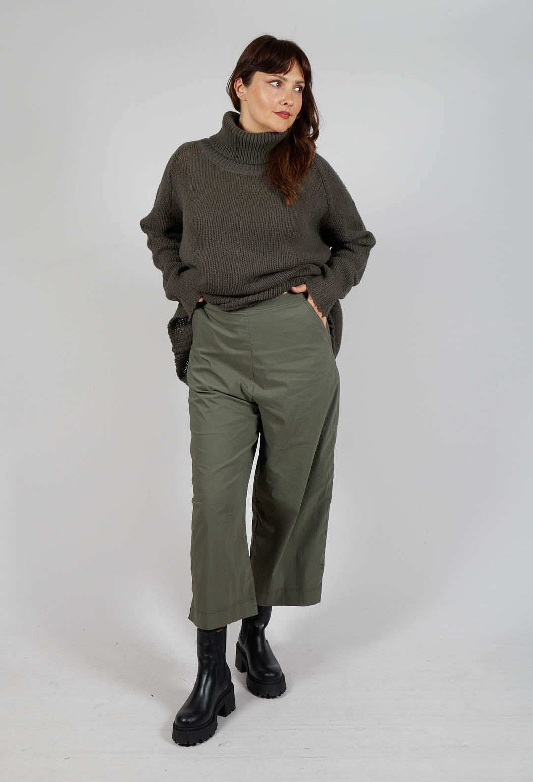 Pull On Cropped Fit Trousers in Camp