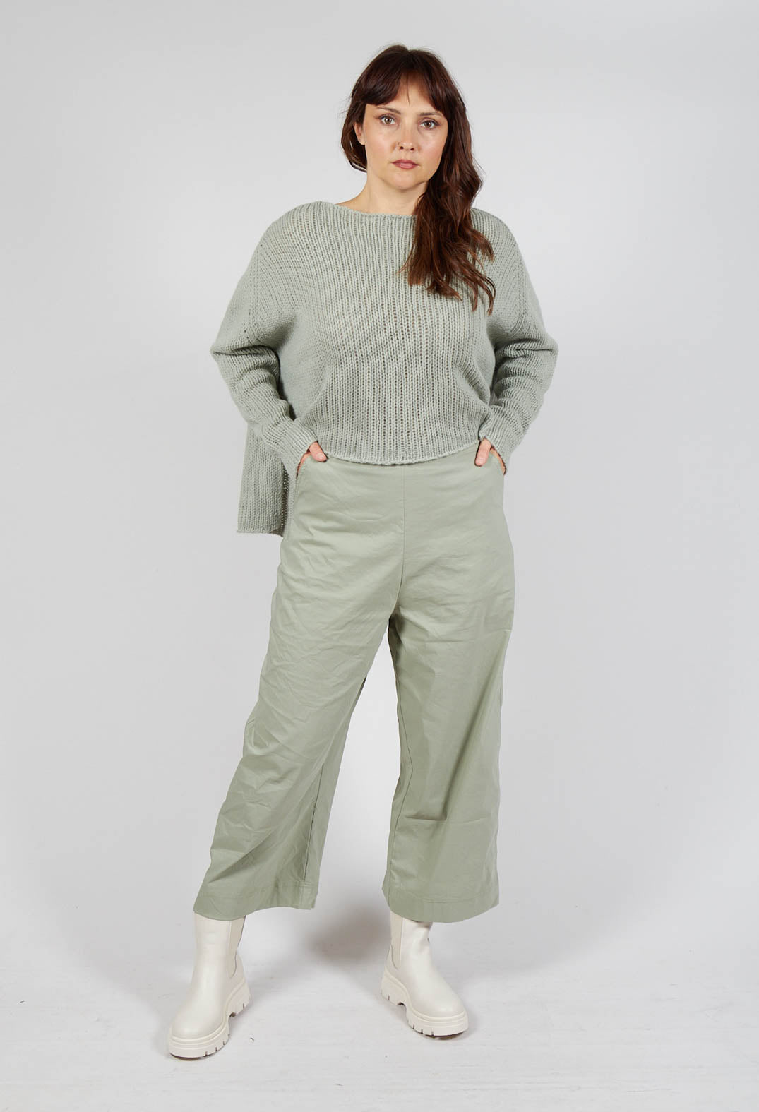 Pull On Cropped Fit Trousers in Defender