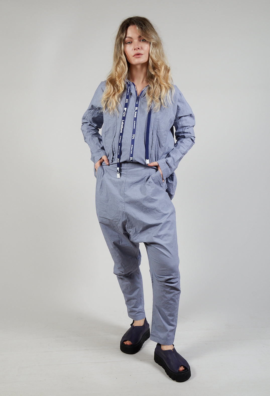 Pull On Drop Crotch Trousers in Azur Check