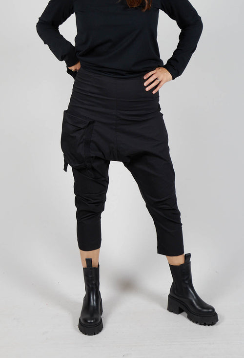 Pull On Drop Crotch Trousers with Cargo Pocket in Black