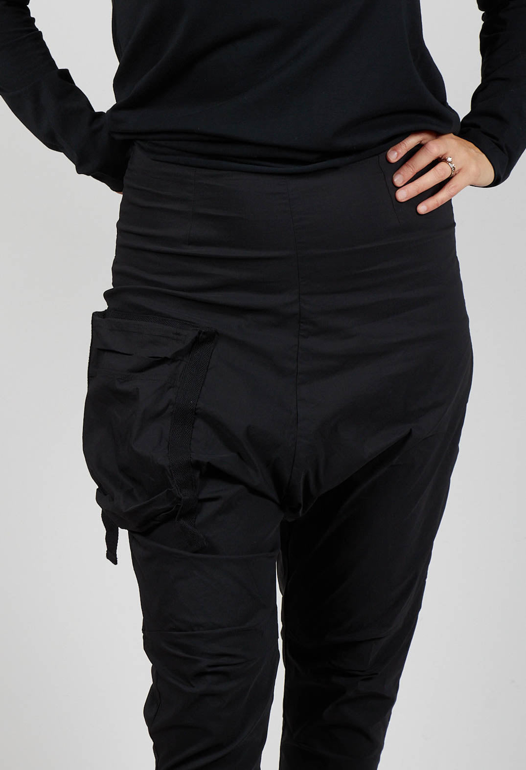 Pull On Drop Crotch Trousers with Cargo Pocket in Black