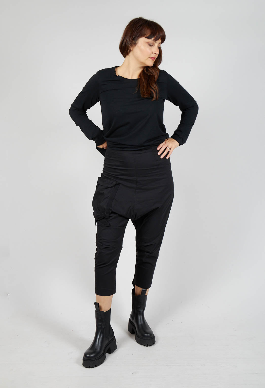 Pull On Drop Crotch Trousers with Cargo Pocket in Black