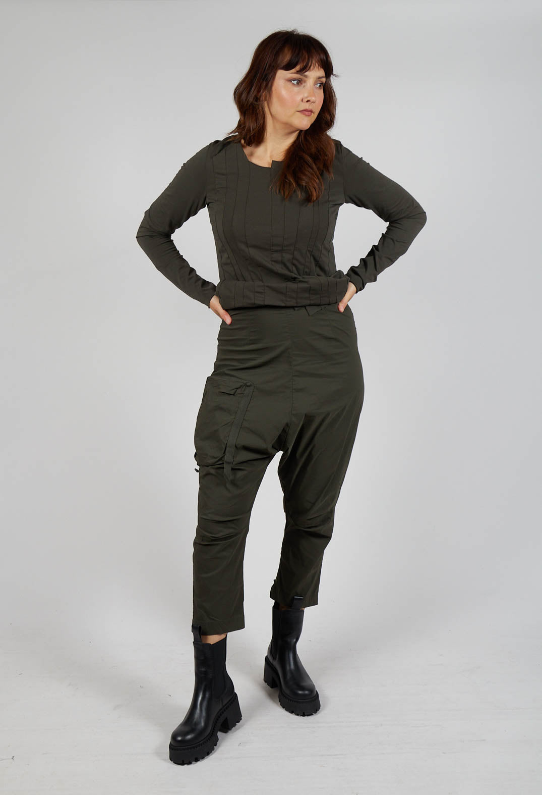 Pull On Drop Crotch Trousers with Cargo Pocket in Jungle