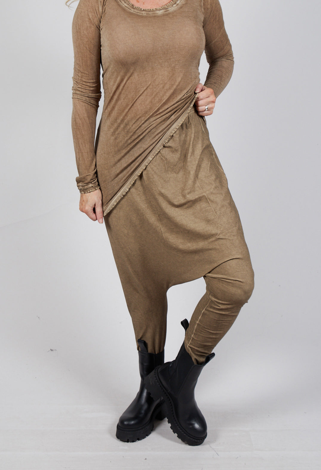 Pull on Drop Crotch Trousers in Camel Cloud