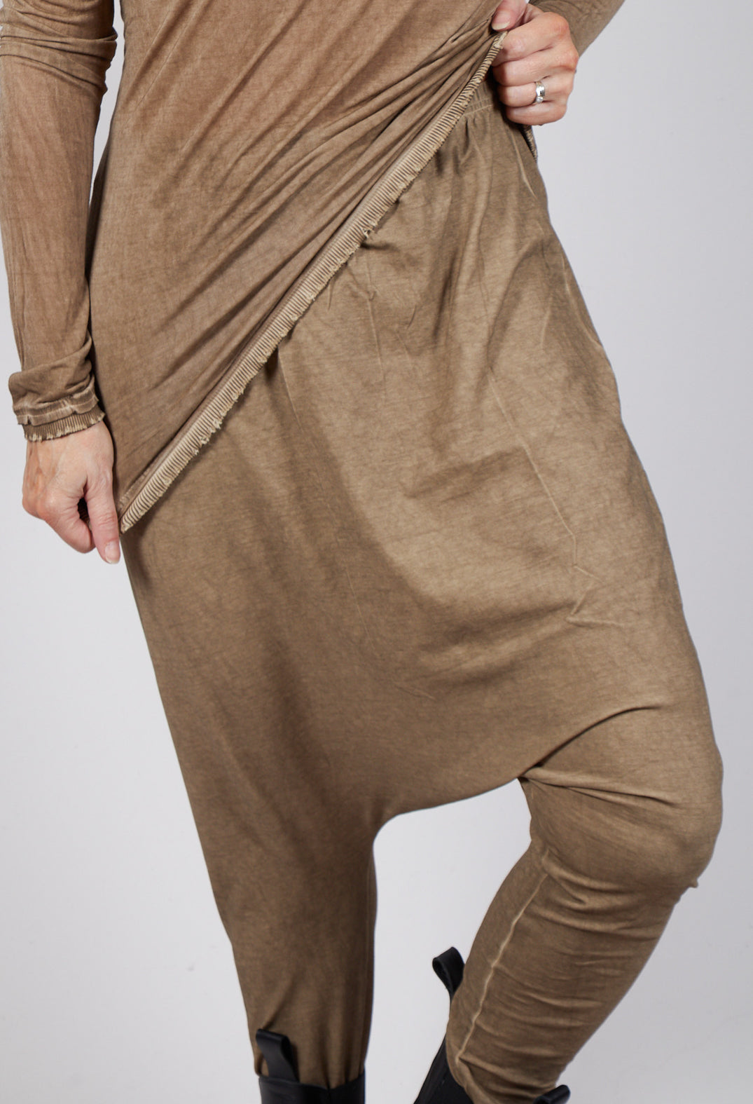 Pull on Drop Crotch Trousers in Camel Cloud