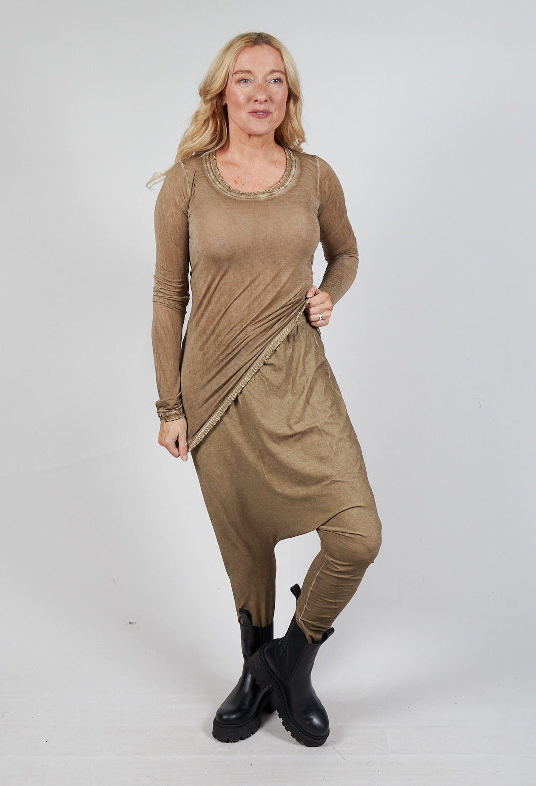 Pull on Drop Crotch Trousers in Camel Cloud