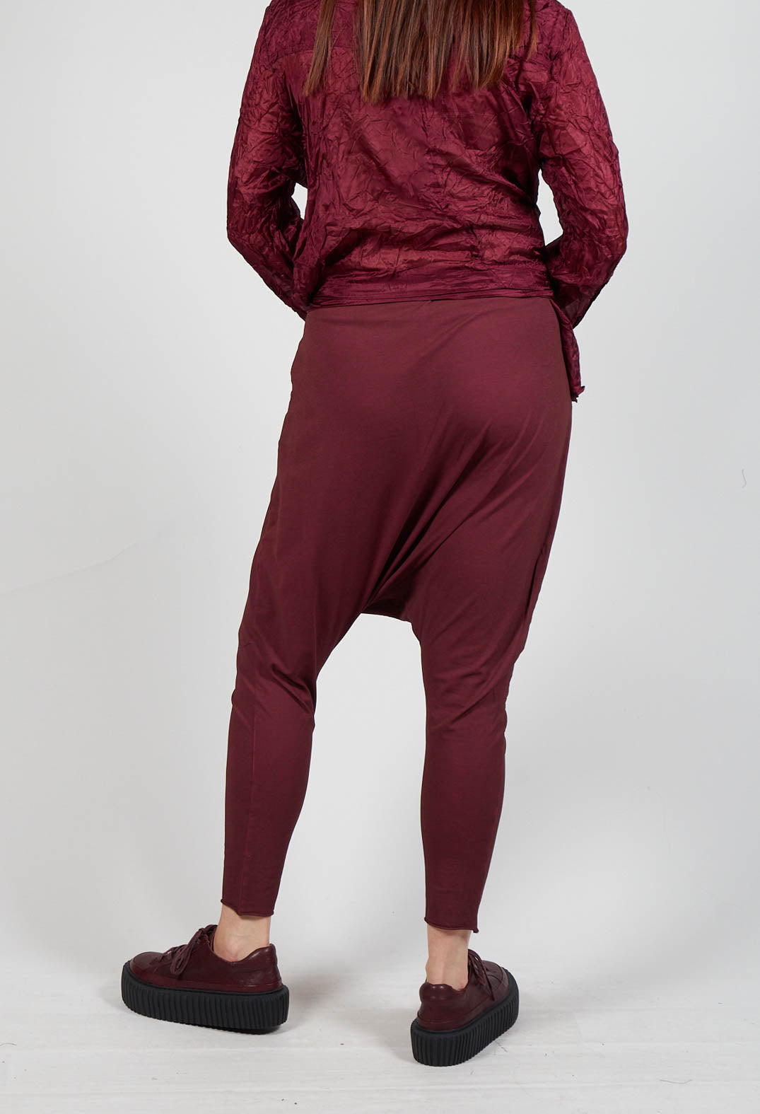 Pull on Drop Crotch Trousers in Merlot Cloud