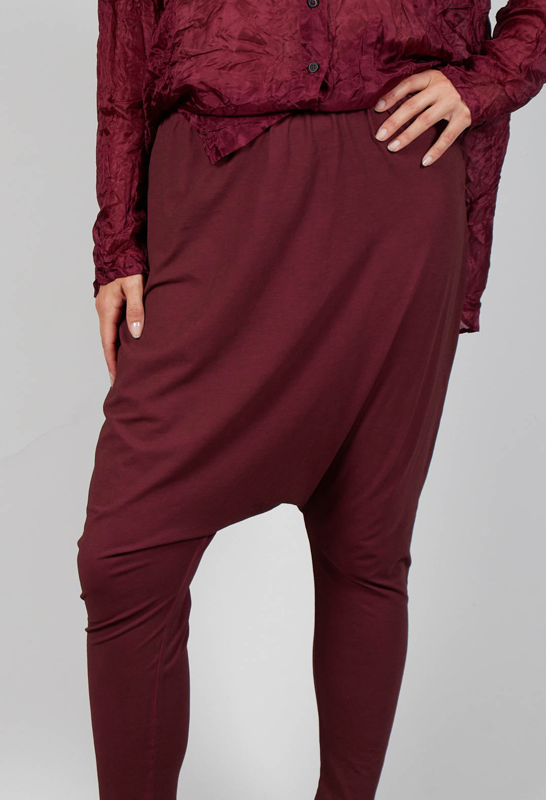 Pull on Drop Crotch Trousers in Merlot Cloud