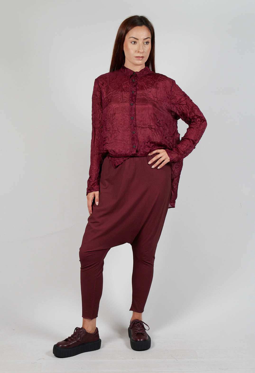 Pull on Drop Crotch Trousers in Merlot Cloud